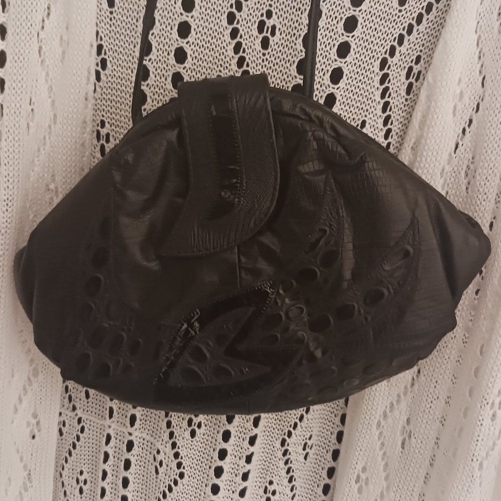 VINTAGE Bags By Pinky ® Black Leather Clutch w/ Hideable Shoulder Strap